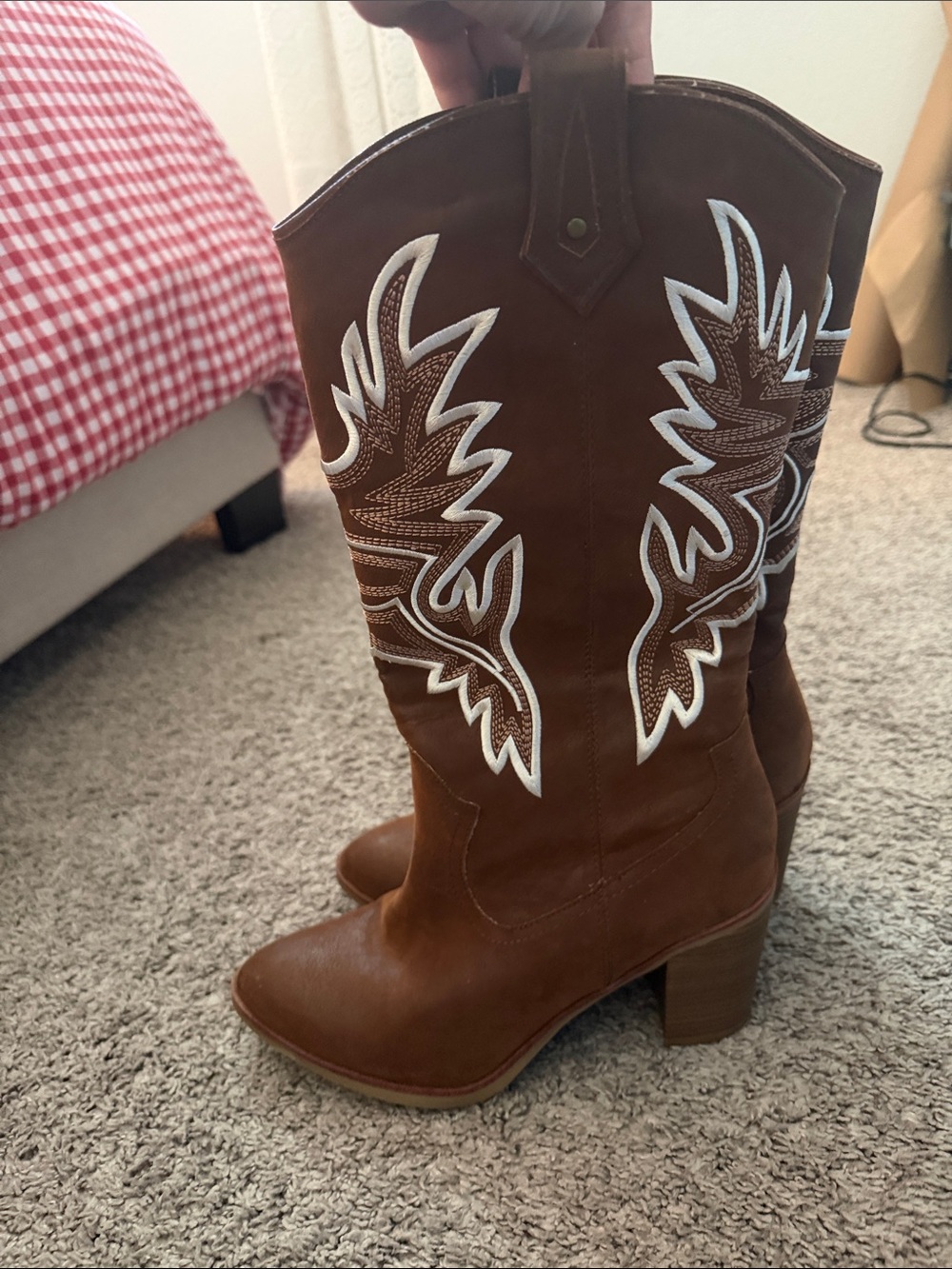 MIA Brown Suede Western Embroidered Mid-Calf Heeled Boots - Picture 4 of 8